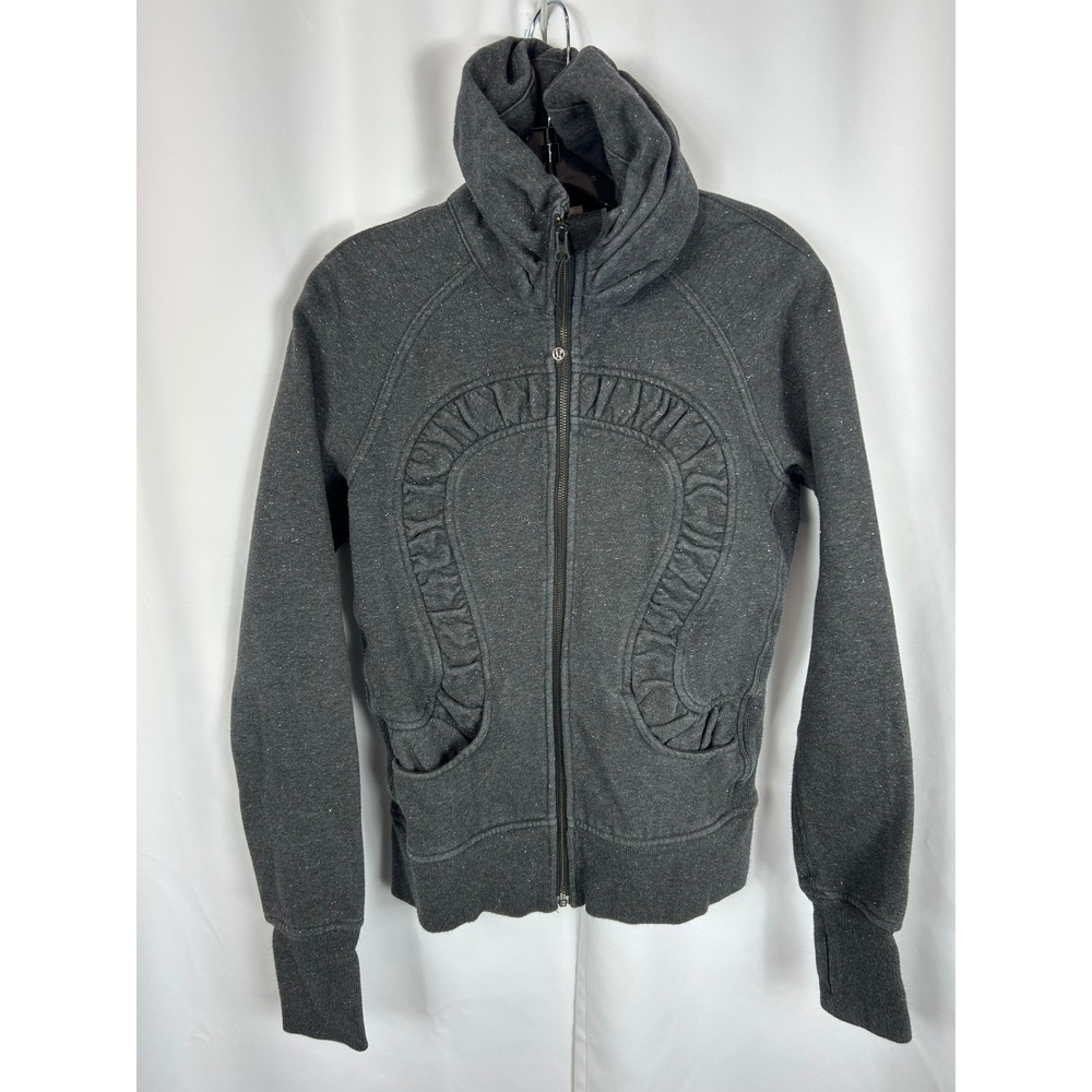 Lululemon Stride Jacket Grey‎ Sparkle Ruffle Zip Up Hoodie Thumbholes Size 8
